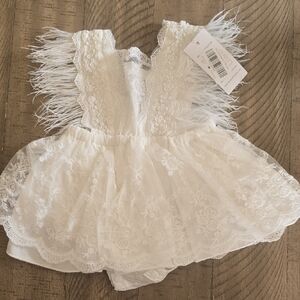 White Lace & Feather Baby Dress Romper